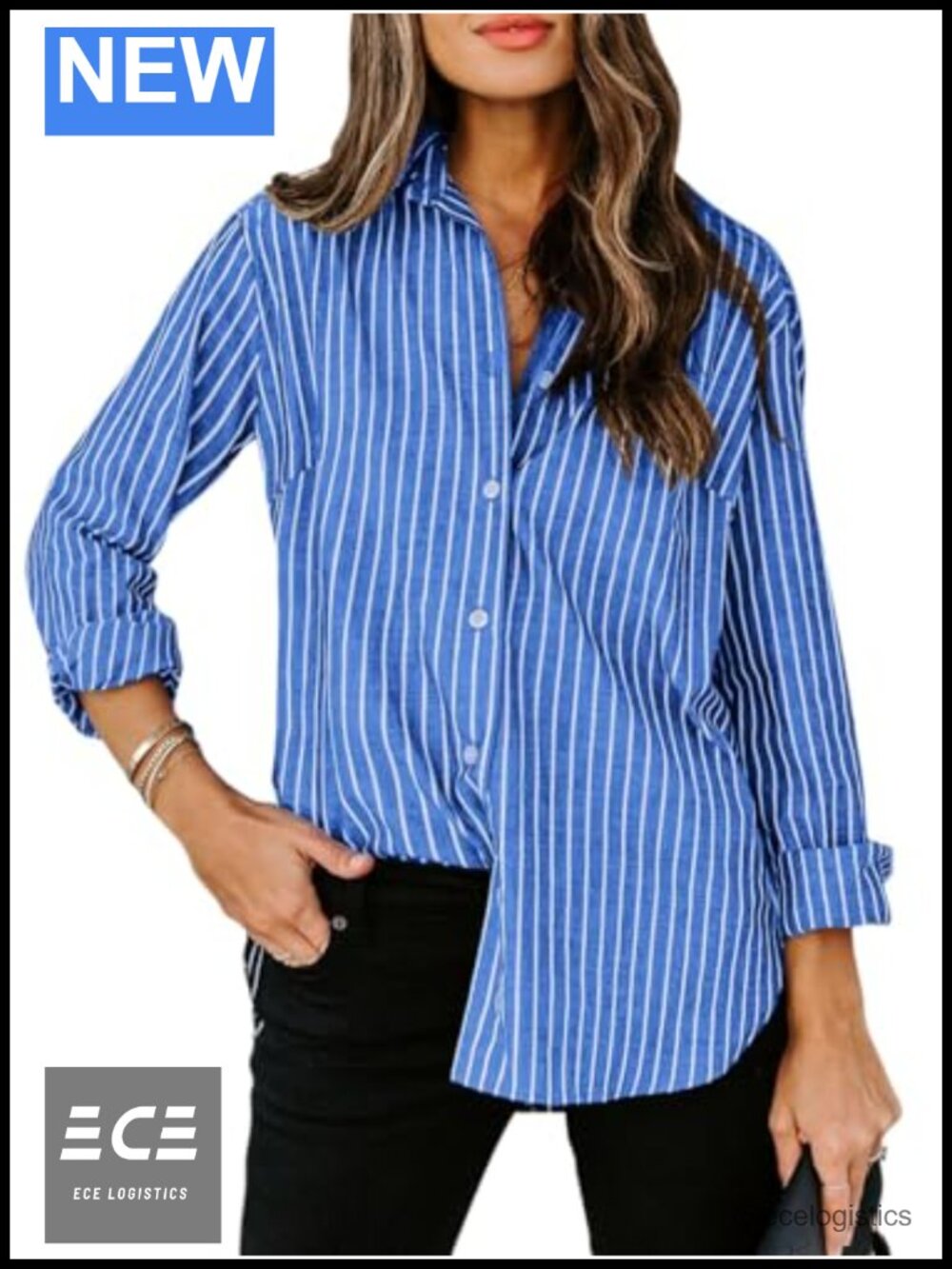 Women's Cotton Long Sleeve Button Down Shirt Striped Work Blouse